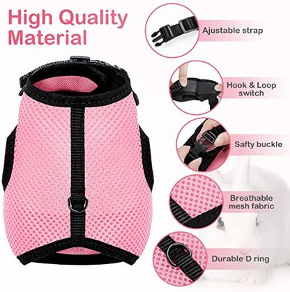PETTOM Bunny Rabbit Guinea Pig Harness Stretchy Elastic Leash Cute Soft Mesh Small Pet Harness No Pull Comfort Outdoor Walking Jogging Padded Vest for Ferret Guinea Pig (Pink,L)