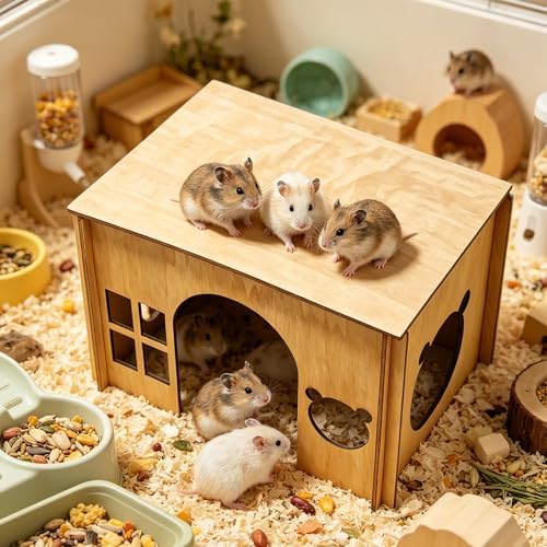 Large Sturdy Wooden Rabbit Castle Hideout with Spacious Balcony, Detachable Bunny Playhouse Hideaway Cage Accessories, Indoor Habitat Toys for Guinea Pig Chinchilla Hamster Gerbil Small Animals
