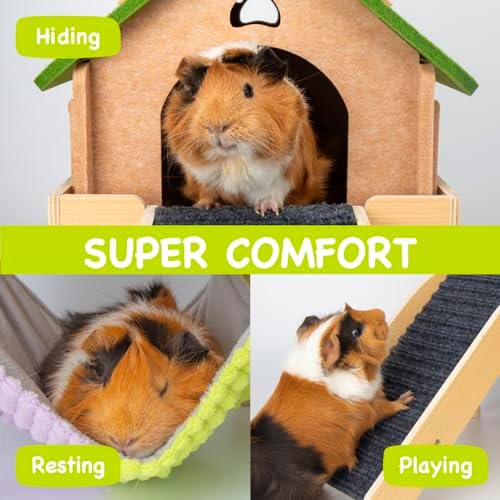 BESNEW 3 in 1 Enlarged Guinea Pig Hammock,Wooden Guinea Pig Hideout with House & Platform & Stairs Small Animal Toys for Hiding Sleeping Activities