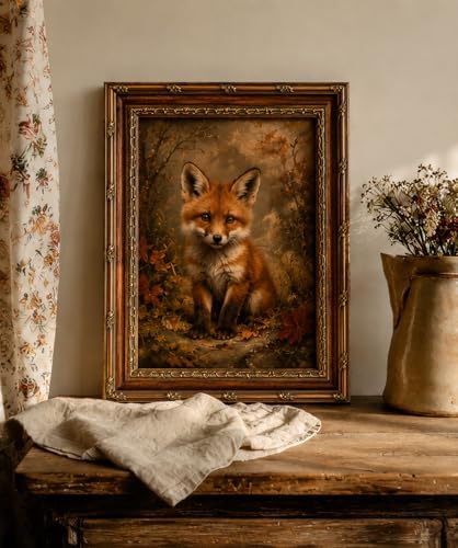 Framed Vintage Style Wall Art Cute Fox in a Rustic Forest Setting Canvas Print Poster Farmhouse style artwork suitable for bedroom or living room 12x16 inches ready to hang or display on a tabletop