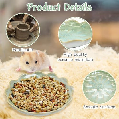 BNOSDM Shallow Ceramic Hamster Food Dish 2 Pcs Small Animals Food Bowl Sunflower Feeding Dishes for Gerbils Mice Rats 4.5in (Green)