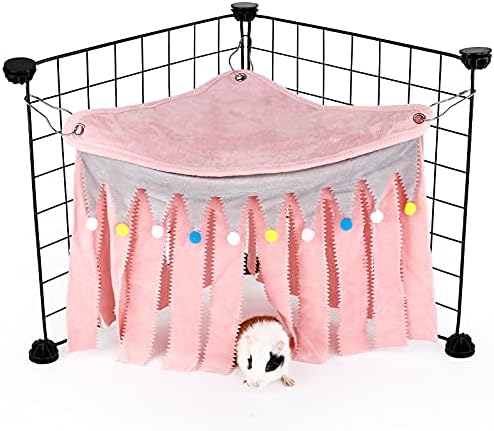 Guinea Pig Hideout - Guinea Pig Corner Hideout, Three-Sided Fringes, Triangle Top and Washable Hides, Suitable Hides for Rabbit and Other Small Pets, No Metal Fences, Pink