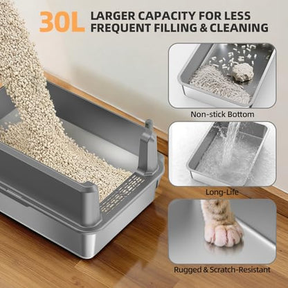 Stainless Steel Cat Litter Box, XXL High Sided Open Top Litter Pan, 1 Scoop