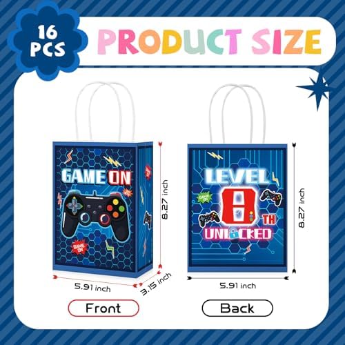 Greencian 16Pcs 8th Video Game Birthday Party Favor Bags Blue Goodie Bags