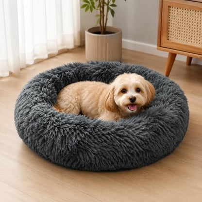 Cat Beds for Indoor Cats, Round Fluffy Cute Small Cat Bed, Washable Anti-Slip Donut Pet Bed, Round Dog Bed for Small Pets (Dark Gray)