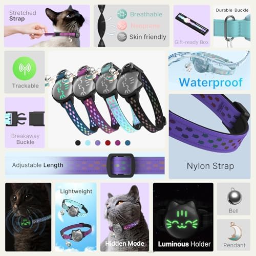 AirTag Cat Collar, Reflective Breakaway Collar, Hidden Holder with Bell