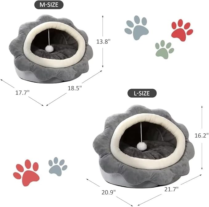 Cat Beds for Indoor Cats - Small Cat Bed with Anti-Slip Bottom, Sunflower-Shaped Cat/Dog Cave with Hanging Toy, Puppy Bed with Removable Cotton Pad, Super Soft Calming, Multiple Sizes(Grey L)