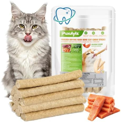 Freezed Dried Cat Chew Sticks Salmon Flavor, Cat Dental Treats for Freshens Breath and Controls Tartar, Feline Teething Sticks