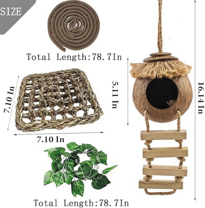 Gecko Tank Accessories,Grested Gecko Coconut Hideout Hut with Ladder Reptile Hanging Plants Climbing Bearded Dragon Hammock Flexible Jungle Vine Leaves Terrarium Decor