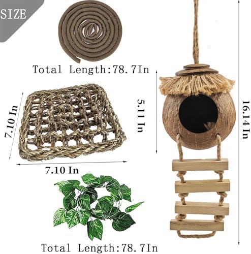 Gecko Tank Accessories,Grested Gecko Coconut Hideout Hut with Ladder Reptile Hanging Plants Climbing Bearded Dragon Hammock Flexible Jungle Vine Leaves Terrarium Decor