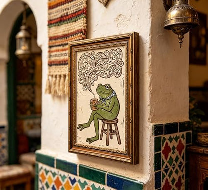 Vintage Gold Framed Frog Wall Art, Funny Frog Drinking Coffee Canvas Print, Whimsical Animal Wall Decor, Cottagecore Picture Poster, Rustic Farmhouse Artwork for Nursery Bedroom Living Room