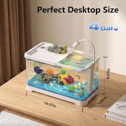 4 Gallon Fish Tank Aquarium Starter Kit with Filter and Light(Medium White)