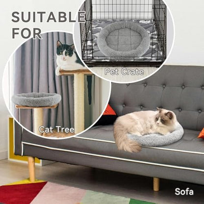 Cat Bed Mat for Indoor Cats, Soft Pet Bed with Surround Pillow, Kitten Puppy Rabbit Sleeping Self-Warming Pad, Non-Slip Cushion for Cat Tree/Crate/Window Sill, Washable, Diameter 11.81"
