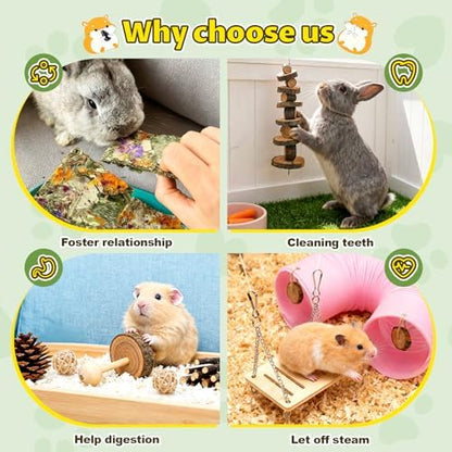 Guinea Pig Toys Kit with Pink Hamster Fun Plastic Tunnel Small Animals Chew Toys with Natural Timothy Hay Chips, 30 Pcs Hamster Cage Accessories for Gerbils, Rats, Mice, Ferrets (Pink)