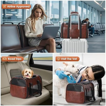 Fashion Dog Carrier Pet Carrier Airline Approved Cat Carrier for Small Dogs Cats Under 15 Lbs, Vegan Leather Collapsible Soft Sided Travel Puppy Carrier