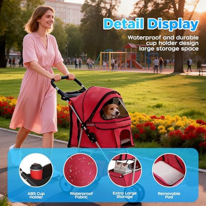 BestOffice Pet Stroller for Small Medium Dogs & Cats, 3-Wheel Foldable Dog Stroller with Cup Holder, Lightweight Travel Carrier, Waterproof Design for Outdoor Walks, Red
