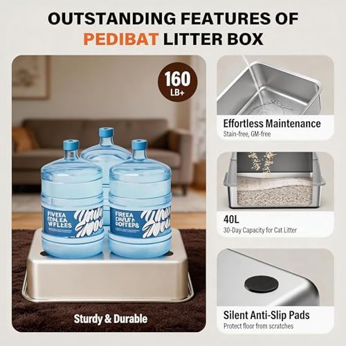 Stainless Steel Litter Box with Lid, Extra Large Enclosed Cat Litter Pan for Big Cats, High Sided Metal Litter Box with Enclosure, Front & Top Entry, Easy Clean, Anti-Leakage, Includes Scoop，Grey