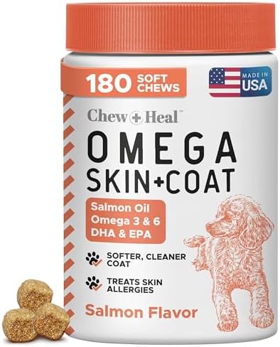 Omega 3 Fish Oil for Dogs, Salmon Flavor - 180 Soft Chews for Skin and Coat