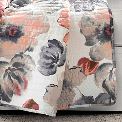 Lush Decor Leah Reversible Throw Blanket, 50" W x 60" L, Coral & Gray - Large Blooming Watercolor Flowers - Charming Quilted Floral Blanket For Bed, Couch, Or Chair