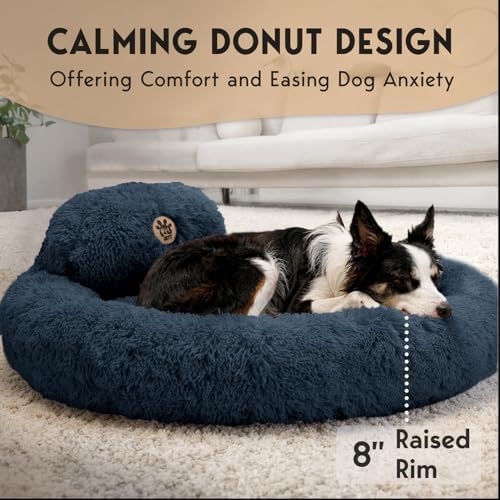PetJett Dog Beds Large Sized Dog - 36'' Calming Round Bed, Washable Dog Bed - Anti-Slip Super Soft Donut Bed, Fluffy Faux Fur Anti-Anxiety Premium Comfort Pet Bed, Fits Dogs up to 80 lbs - Dark Grey