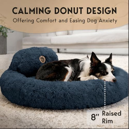 PetJett Dog Beds Large Sized Dog - 36'' Calming Round Bed, Washable Dog Bed - Anti-Slip Super Soft Donut Bed, Fluffy Faux Fur Anti-Anxiety Premium Comfort Pet Bed, Fits Dogs up to 80 lbs - Dark Grey