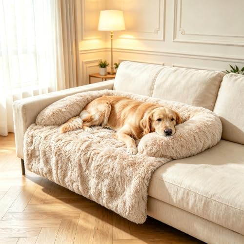 Calming Dog Bed for Couch, Thickened Plush Dog Mat with Raised Bolster