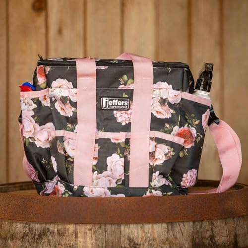 Jeffers Expression Deluxe Horse Grooming Bag – Large Zip Top Equestrian Tote w/Multiple Pockets, Handles & Adjustable Shoulder Strap, Padded Feet for Barn Essentials 11.5"x10.5"x8.5" - Rose Garden