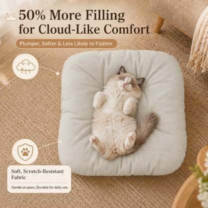 Elevated Cat Bed, Wooden Pet Sofa with Washable Cushion (Square / Beige)