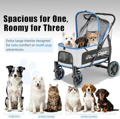 EchoSmile Dog Stroller for Large Dogs, 135lbs Weight Extra Large Pet Stroller, 4 Wheels Cats & Dogs Carrier with Brakes, Breathable Mesh Windows & Pocket, Blue