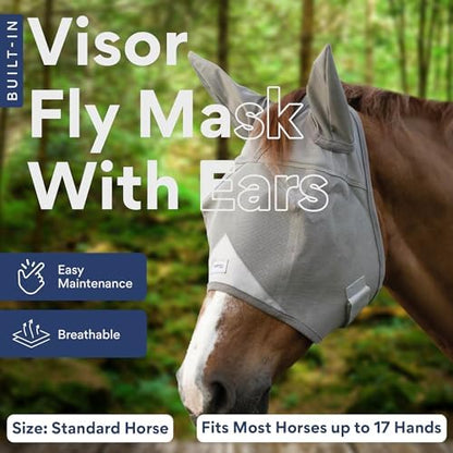 Horse Fly Mask with Ears - Built-in Visor - Breathable, Lightweight Mask - 95% UV Eye Protection - Adjustable Fit for Comfort Horse Medium/Large Size