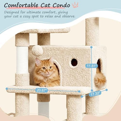 SHA CERLIN 82 inch, Multi-Level Cat Tree Tower for Indoor Cats, Cat Condo with Sisal Scratching Posts, Plush Perches, Hammocks, Toy Balls, Beige