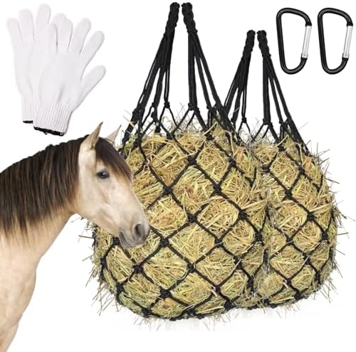2PCS Hay Net for Horses - Ultra Slow Feed Hay Net with 2 Pairs Gloves, 2.36"x2.36" Holes 40” Heavy-Duty Horse Slow Feed Hay Nets for Stall, Trailer, Pasture - Strong & Durable Hanging Feeders