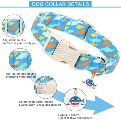 Shark Dog Collar, Summer Cotton Blue Adjustable Pet Collar for Male Dogs, Cute Ocean Pattern Soft Comfortable Durable Buckle with Charm for Boy Dogs