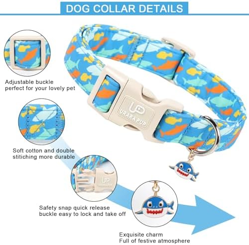 Shark Dog Collar, Summer Cotton Blue Adjustable Pet Collar for Male Dogs, Cute Ocean Pattern Soft Comfortable Durable Buckle with Charm for Boy Dogs
