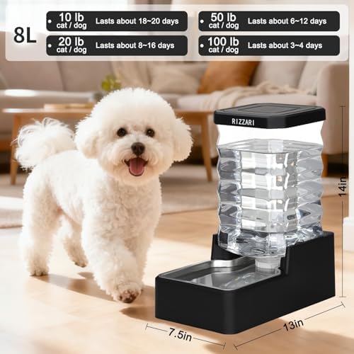 RIZZARI 2.1Gallon Gravity Dog Water Dispenser:Easy Care No Filter Design