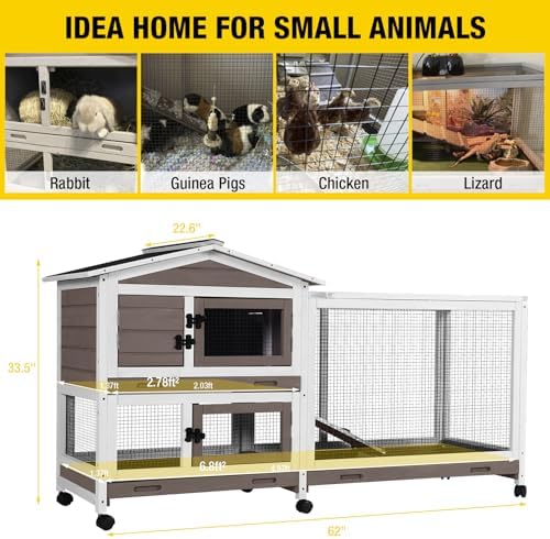 Aivituvin Rabbit Hutch 62" Rabbit Cage Indoor Outdoor Chicken Coop Guinea Pig Cage on Wheels Bunny Cage with 3 Deep No Leakage Pull Out Tray,Waterproof Roof (Brown)