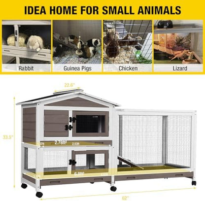 Aivituvin Rabbit Hutch 62" Rabbit Cage Indoor Outdoor Chicken Coop Guinea Pig Cage on Wheels Bunny Cage with 3 Deep No Leakage Pull Out Tray,Waterproof Roof (Brown)