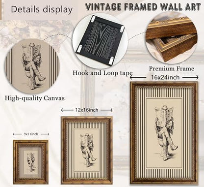 Vintage Gold Framed Cowgirl Bathroom Wall Art, Western Cowgirl Reading Newspaper on The Toilet Canvas Print, Cowboy Boots Stripe Picture Wall Decor, Rustic Farmhouse Poster Artwork for Restroom