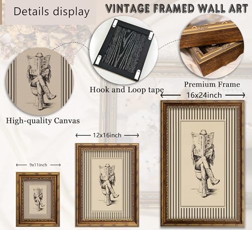Vintage Gold Framed Cowgirl Bathroom Wall Art, Western Cowgirl Reading Newspaper on The Toilet Canvas Print, Cowboy Boots Stripe Picture Wall Decor, Rustic Farmhouse Poster Artwork for Restroom