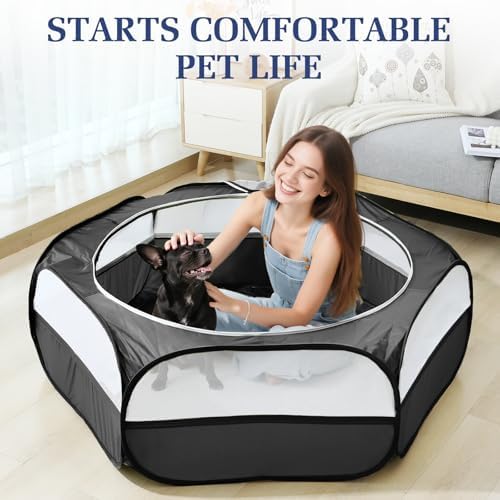 Pawaboo 2-in-1 Small Animals Playpen with Pad, Black+Gray