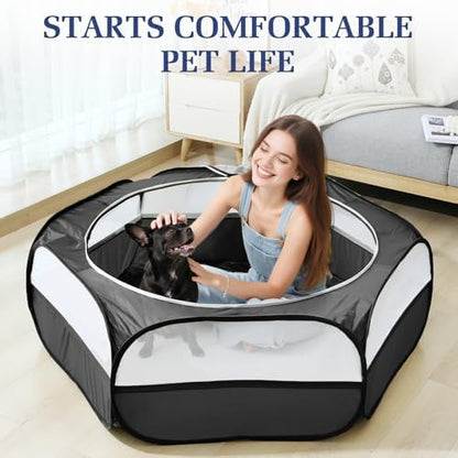 Pawaboo 2-in-1 Small Animals Playpen with Pad, Black+Gray