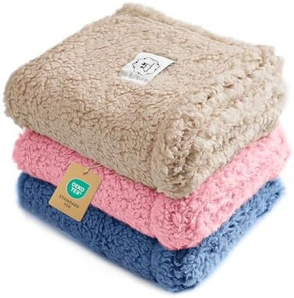 Luciphia 1 Pack 3 Calming Dog Blanket Fluffy Premium Fleece Pet Blankets Soft Sherpa Throw for Dogs Puppy Cat Beige/Pink/HazeBlue Medium (30" x20")