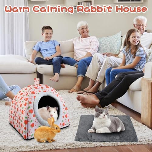 Warm Rabbit Hideout, Washable Strawberry Fleece Hut for Guinea Pigs