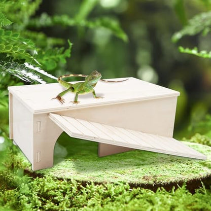 Oooct Bearded Dragon Hide Cave, Wooden Lizard Hideout with Climbing Ramp, Reptile Habitat with Basking Platform, Tank Accessories for Bearded Dragon Lizard Chameleon Hamster 12.9 × 11 × 4.7 Inch