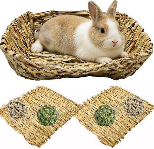 Hamiledyi Ex-Large Rabbit Grass Bed Natural Handmade Hay Mat Chew Balls for Drawf Rabbit Bunny Chinchilla Guinea Pig Ferret Hedgehog Rat