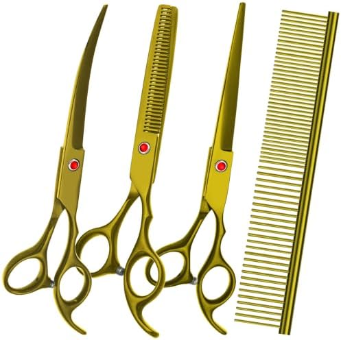 Dog Grooming Scissors Kit, Premium Stainless Steel Dog Shears with Curved Shears, Sharp Durable for Dogs Cats+Gold 4 Piece