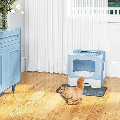 YITAHOME Large Enclosed Cat Litter Box w/Mat Scoop Blue Litter Box with Lid