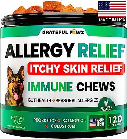 Dog Allergy Relief Chews - Dog Itch Relief - Probiotics, Omega 3, Colostrum