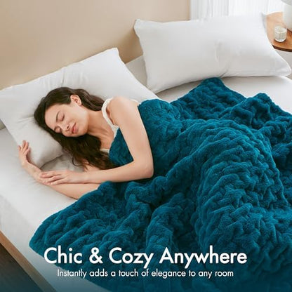 Madison Park Ruched Faux Fur Luxury Throw Teal 50*60 Premium Soft Cozy Brushed Long Faux Fur For Bed, Coach or Sofa