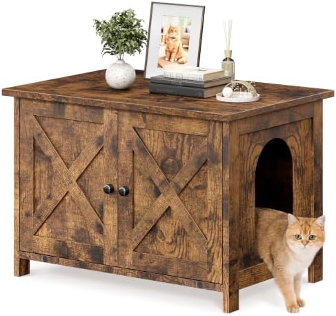 Shintenchi Cat Litter Box Enclosure, Litter Box Furniture Cabinet Hidden with Removable Divider, Wooden Cat House with End Table, Brown, 31.5 inch